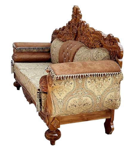Image of Wooden 5 Seater Sofa Set with Center Table | 3+1+1 Solid Wood Hand-Carved Brown Sofa with Traditional Design Furniture for Living Room | Home | Office