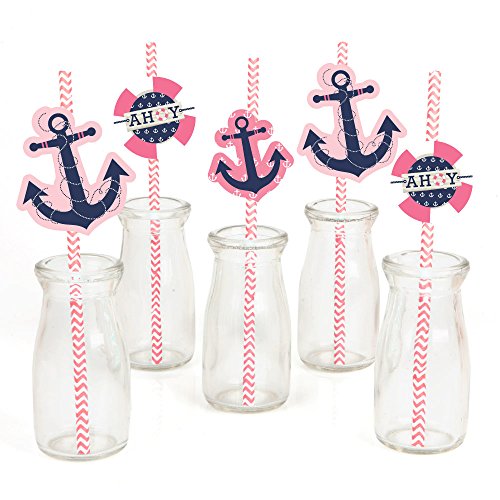 Ahoy - Nautical Girl Paper Straw Decor - Baby Shower or Birthday Party Striped Decorative Straws - Set of 24