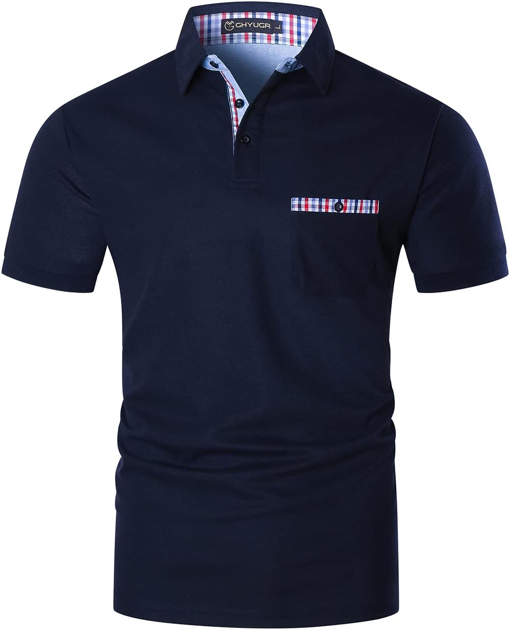 GHYUGR Mens Casual Short Sleeve Polos with Elegant Plaid Splice Pocket T-Shirt