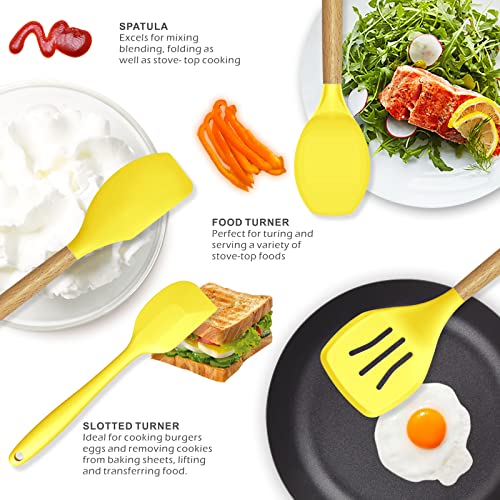14 Pcs Silicone Cooking Utensils Kitchen Utensil Set - 446°F Heat Resistant,Turner Tongs,Spatula,Spoon,Brush,Whisk, Wooden Handles Yellow Kitchen Gadgets Tools Set For Nonstick Cookware (Bpa Free) #TOP2