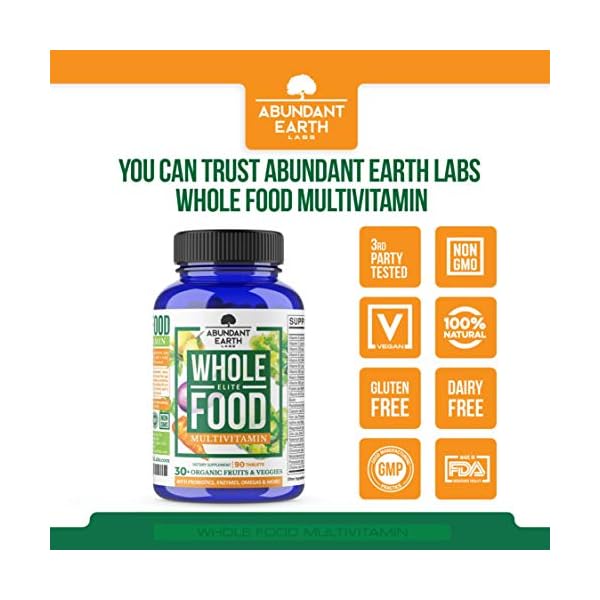 Whole-Food-Multivitamin-Elite-Organic-Multivitamin-for-Men-and-Women-Non-GMO-Multivitamin-with-Probiotics-Enzymes-B-Complex-Omegas-for-Daily-Energy-Mood-Digestion-Heart-Health-90-Tablets Abundant Earth Whole Food Multivitamin for Women, Daily Multi Vitamins Supplements for Men/Mens Multivitamins + B Complex, Probiotic Multi Enzyme, Omegas for Organic Energy, Mood, Digestion 90ct