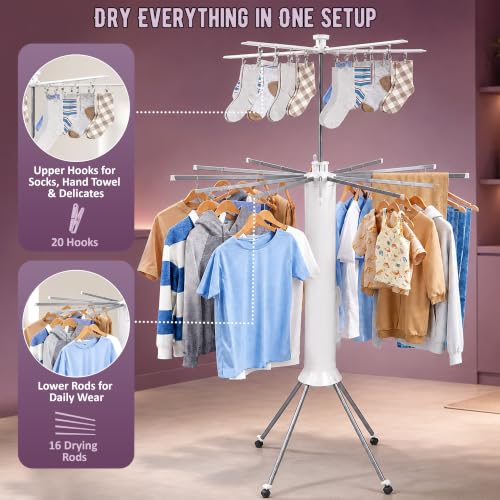 Image of JD FRESH Octopus Foldable Clothes Drying Stand with Wheels /2 Layer Heavy Duty Cloth Hanging Stand with 20 Clips & 360 Rotating Top Arms /Space Saving Laundry Drying Rack for Balcony, Indoor & Outdoor
