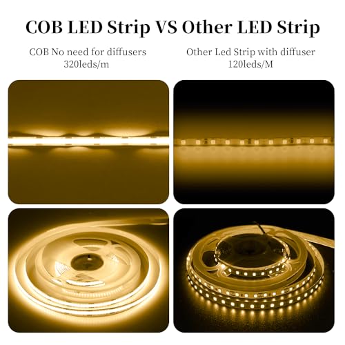 Image of iNextStation 16.4ft /5M 3000K Warm White COB LED Light Strip, DC12V CRI 93+ Light Strip for TV, 8mm Width LED Tape Lights, LED Strip Lights for Bedroom, Kitchen, Home Lighting Decor(No Plug)