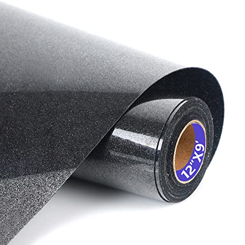 Image of HTVVETUR Glitter HTV Vinyl Rolls Heat Transfer Vinyl - 12 inch x 9ft Black Glitter HTV Vinyl for Shirts, Iron on Vinyl for Cameo - Easy to Cut & Weed for Heat Vinyl Design (J002 Glitter Black-9ft)