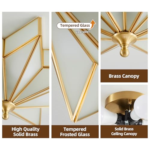 Image of Star Brass Ceiling Light - 19.7 In Large Gold Milk Glass Flush Mount