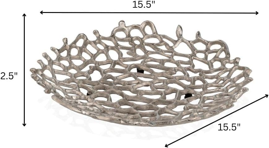Modern Day Accents 3504 Coralino LG Coral Plate, Large Silver Decorative, Coral Plate, Bowl, Tray holds Decorative Spheres, Balls, Fruit Holder, Home and Kitchen Office, Room Decor, 15.5" D x 2.5" H