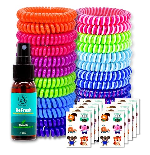 Olleeno® Mückenschutz Set – 24 Armbänder, 30 ml Spray & 60 Aufkleber | Wiederverwendbare Moskito- und Insektenschutz-Armbänder für Outdoor, Camping, Wandern & Sport | Für Kinder & Erwachsene