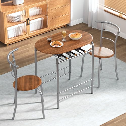 Image of VECELO 3 Piece Small Round Dining Table Set for Kitchen Breakfast Nook, Wood Grain Tabletop with Wine Storage Rack, Save Space, Brown & Silver
