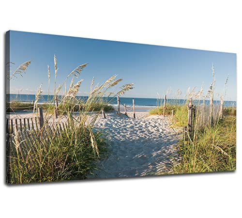 Sea Beach Canvas Wall Art Blue Ocean Pictures Wall Decor Coastal Reeds Nature Prints Seascape Painting Artwork for Living Room Bedroom Office Wall Decoration Framed 20" x 40"