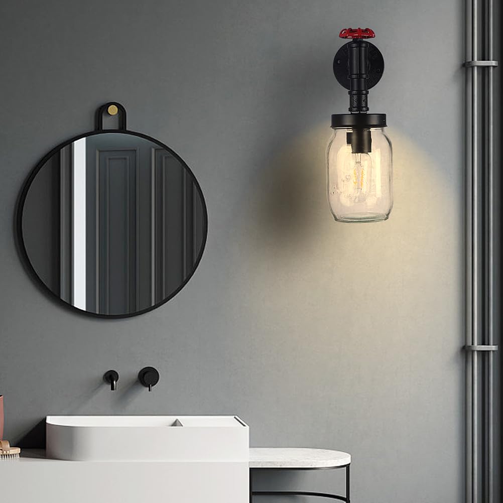 Szklana lampa ścienna Vintage Industrial Water Pipe Wall Lamp E27 Wewnątrz Czarna, dekoracyjna lampa w stylu retro Water Pipe z metalu do sypialni, salonu, stolika nocnego, schodów, korytarza, oświetl
