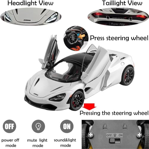 Image of 1:24 McLaren 720S Convertible Diecast Car | Alloy Metal Pull Back Toy Car with Openable Doors, Lights & Music | Model Car for Kids Boys Girls Gift & Collectors (White)