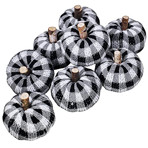 8 Pcs 4" Fall Harvest Artificial Pumpkins Buffalo Check Crochet Pumpkins Knit Pumpkins for Farmhouse Rustic Fall Wedding Centerpiece Thanksgiving Harvest Halloween Seasonal Mantel Tabletop Decor Gifts