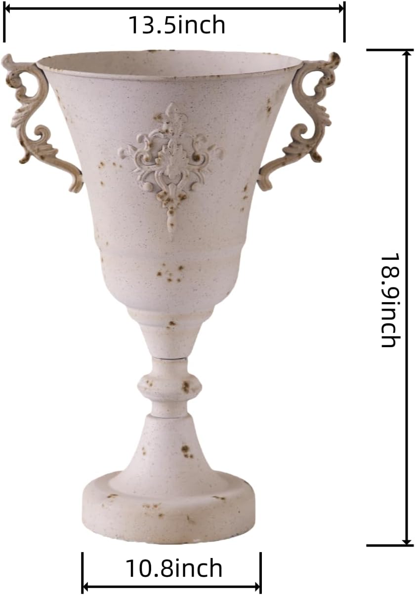 Vintage Urn Planter, Antique White Metal Vase with Handles, Distressed Farmhouse Centerpiece for Indoor Outdoor Decor, Rustic French Country Flower Pot for Mantel, Entryway, or Patio（13.6*11*19.3 in）
