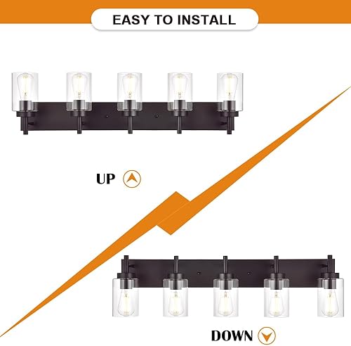 Miniatura 6 de VINLUZ Lámpara de tocador de baño con 5 luces, apliques de bronce aceitado, iluminación de pared, moderna e industrial, para interiores, para