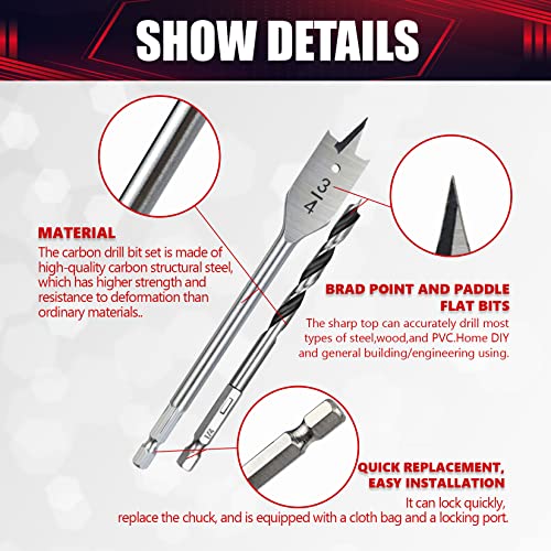 Wesleydrill Wood Drill Bit Set,16 Pcs Impact Drill Bit Set,8 Pcs Hex Shank Brad Point Drill Bit 1/8"-3/8" And 8 Pcs Spade Drill Bit 1/2"-1-1/8" Fit For Wood,Plastic #TOP3