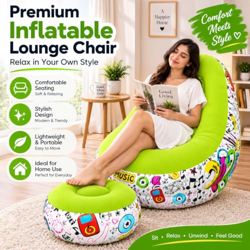 Image of Inflatable Lounge Chair with Matching Ottoman, Single Size, Foldable & Portable Relaxing Chair for Living Room, Bedroom & Home, Lime Green