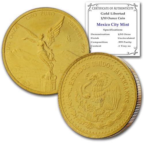 2024-1/10 oz Mexican Gold Libertad Coin Brilliant Uncirculated with Certificate of Autenticity - Moneda de Oro Puro 1/10 Onza Seller BU