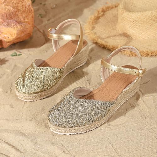 Chaussures de mariage à la plage : sandales espadrilles dorées à plateforme 40