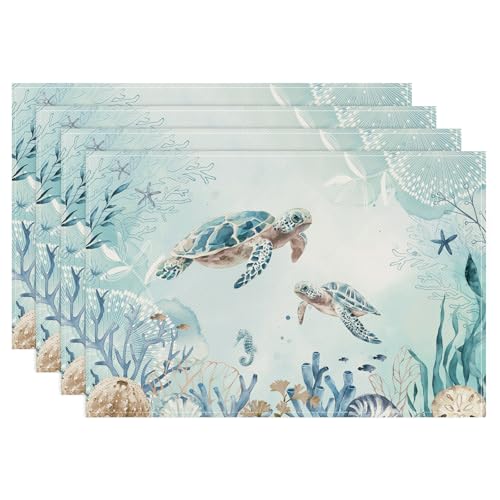 Bonhause Sea Turtle Placemats Set of 4, 12x18 Inch Teal Blue Ocean Seahorse