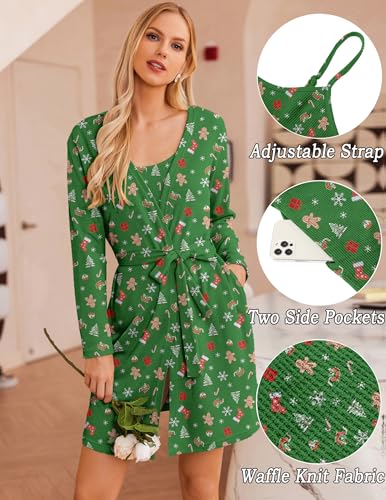 Image of Ekouaer Pajamas for Women Set 3 Piece Lounge Set Soft Pajama Sets Waffle Knit Tank Top and Shorts Cardigan with Pockets S-XXL