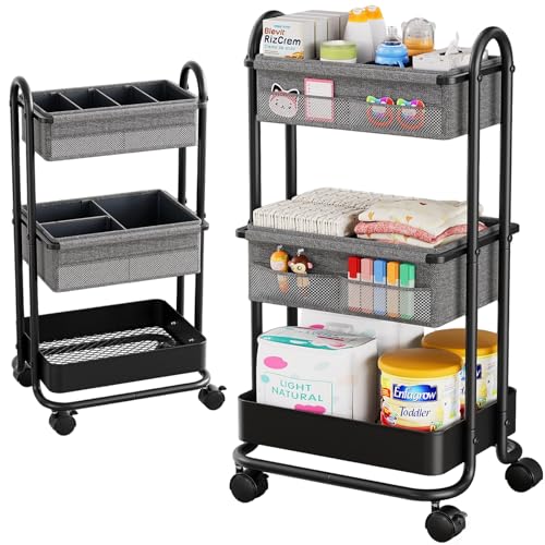 Lokulula おむつストッカー ベビー用品 3段 キャスター付き 赤ちゃん用品 新生児おむつバッグ 出産準備 整理整頓 取り外し可能な仕切り付き 移動便利 多機能 ベビーベッド用 大容量 出産祝い