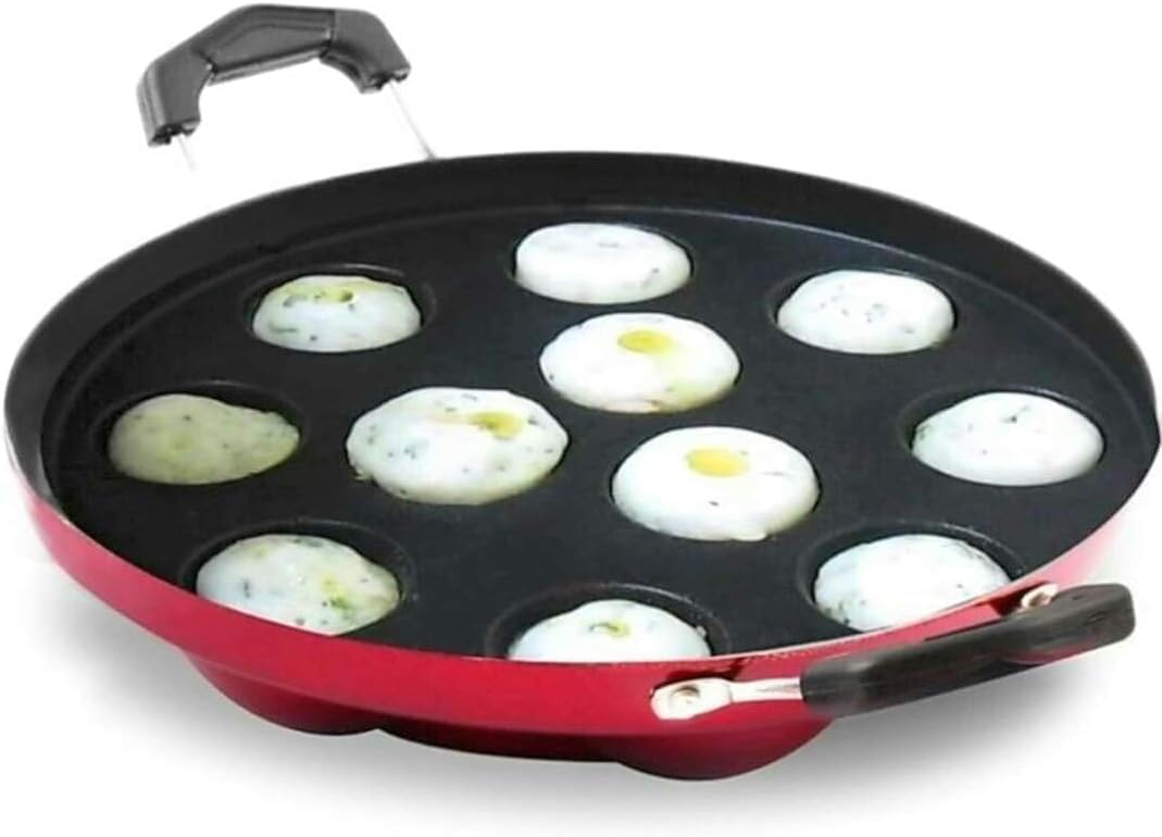 12 Cavity Appam Maker Paniyaram Pan with Lid, Non-Stick Aluminium, 23 cm Diameter, 1 L Capacity, Red