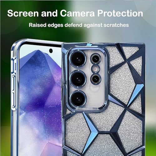 Image of VONZEE Gradient Glitter Clear Case for Samsung S25 Ultra, Luxury Electroplated 3D Cube, Diamond Bling Shiny Soft TPU Clear Shockproof Women Girls Protective Phone Cover (Sierra Blue)