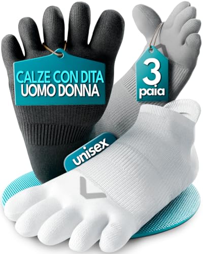 RestoreFeet Calze con Dita (3 Paia) – Calzini Uomo e Donna 5 Dita Separate in Cotone – Traspiranti Antivesciche Sportivi per Yoga, Running, Fitness – Taglie S M L XL