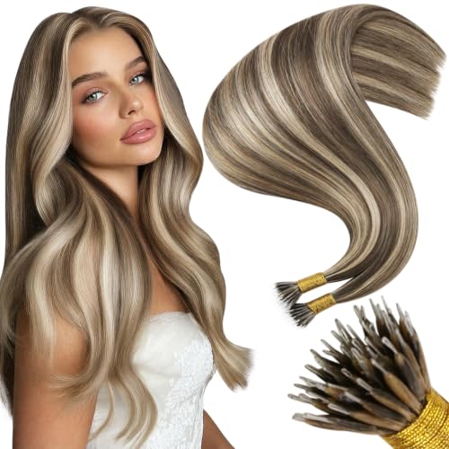 Moresoo Nano Ring Hair Extensions Human Hair, Brown Caramel Blonde, 14 Inch