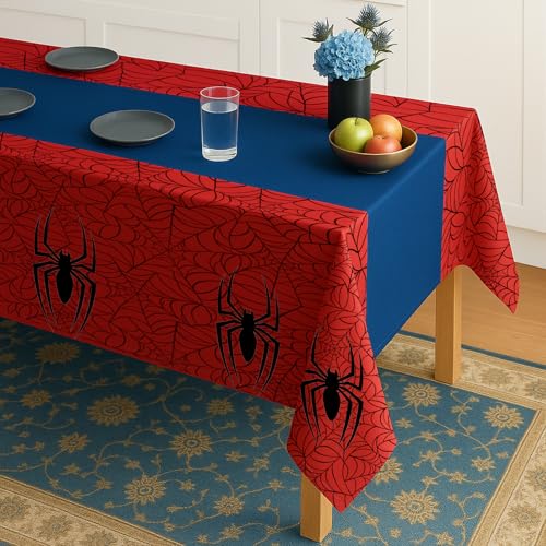 Image of 3-Pack Spider Theme Tablecloths - 54x108 Inch Disposable Plastic Table Covers for Birthday & Halloween Parties, Red & Blue Web Design Decorations for Little Ones, Adults, Indoor /Outdoor Event