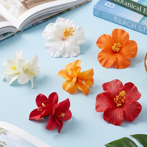 6 Piezas Pinzas de Pelo con Flor Hawaiana para Mujeres, 3.5 Pulgadas, Flores Artificiales Plumeria Hibiscus, Accesorios Tropicales para Playa, Piscina, Vacaciones, Fiestas Luau y Bodas (Blanco, Rojo, Naranja) miniatura 7