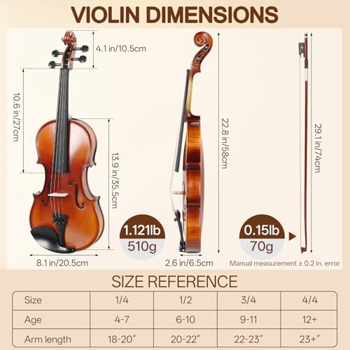 Image of Kmise Teacher Approved 4 /4 Full Size Violin Starter Kit for Adults Beginners Students, Artistic Tiger-Stripe Acoustic Violins, Fiddle Bundle with Case, Bow, Rosin, Strings, Shoulder Rest & Guide