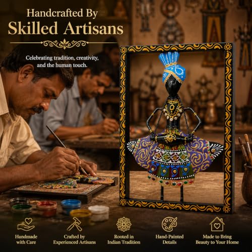 Image of iHandikart Metal Wall Art for Home Decor | Rajasthani Folk Musician Wall Sculpture with Stone Work | Hand-Painted Iron Wall Hanging for Living Room, Bedroom, Hallway, Office | 11.5 x 8 Inch