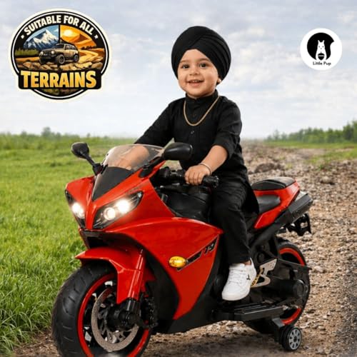 Image of LITTLE PUP 12V Battery Operated Ride on Bike for Kids of Age 2 to 8 Years- Electric Rechargeable Kids Bike with Hand Race, Music,Led Lights (RED)