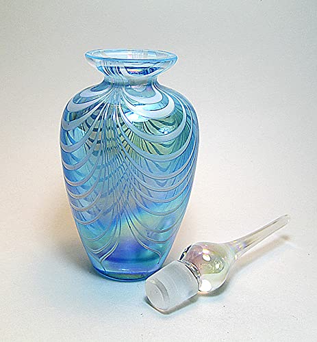 Alice-Aliya Art Crystal Empty Glass Perfume Bottle In Cyan Color With White Opaque Pattern And Crystal Stopper.