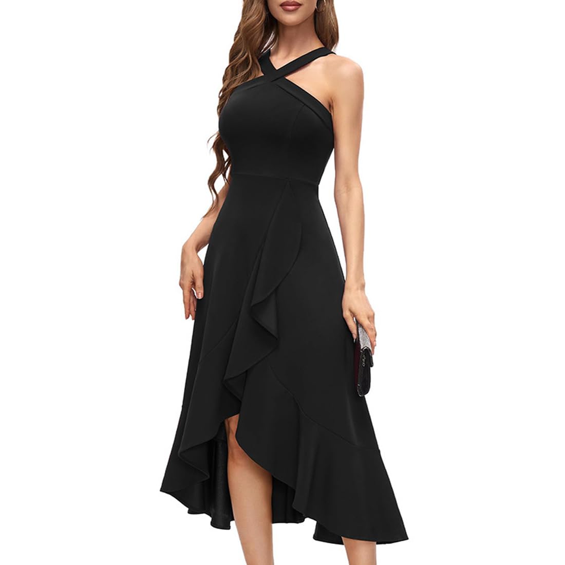 Robe de Cocktail Femme Robe de Soirée à Volants sans Manches avec Bretelles Robes Mi Longue Fluide de Mariage Elégant pour Fête Bal Promo Cérémonie