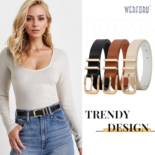 WERFORU 3 PACK Women Belt Women Fashion Leather Belts for Jeans Pants Ladies Belts with Gold Buckle