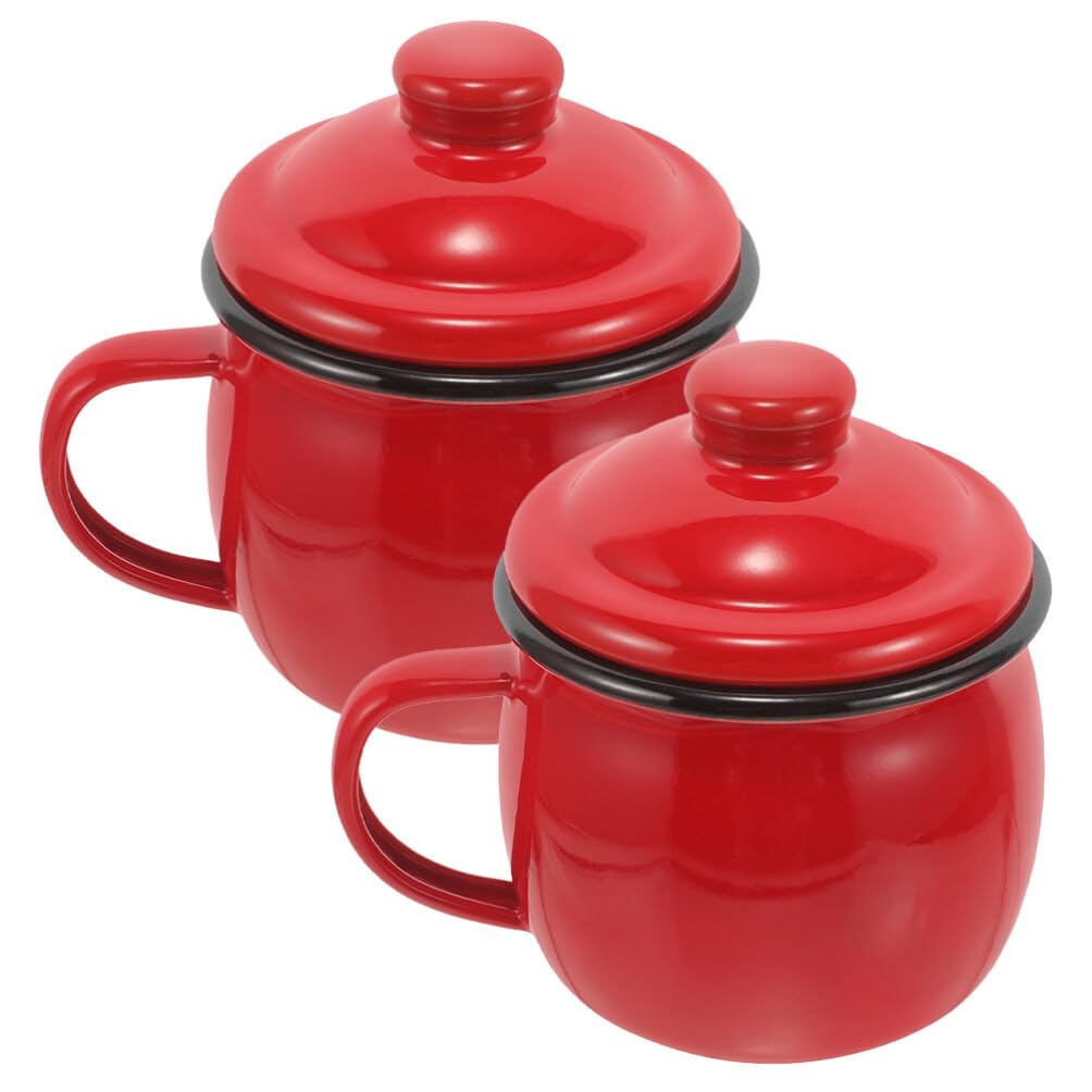 Halloween Mottoparty Emaille Kaffeebecher 2 Stück 580ml mit Deckel Rot | Leicht, Mikrowellengeeignet, Robust, für Reise und Büro, Schlichtes Design, Einfacher Transport, Emailliert