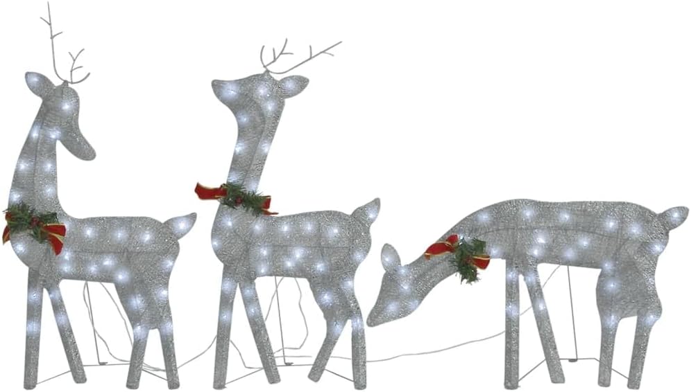 vidaXL Silver Christmas Reindeer Family Decoration with Red Bows and Cold White Lights - Fabric and Steel Christmas Ornaments