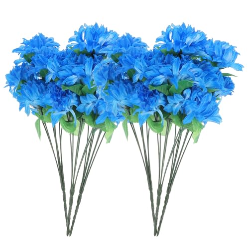 TOYANDONA Mazzo di 6 Fiori di Crisantemi Artificiali Blu per Cimitero, Bouquet Decorativo Resistente per Esterni, Composizione Floreale Realistica per Tomba Steli Durevoli