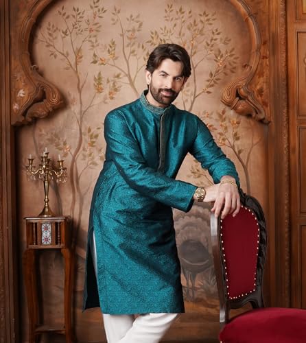 Image of SOJANYA Men's Silk Blend Kurta for Navratri | Paisley Print Regular Fit Ethnic Kurta for Festival & Puja
