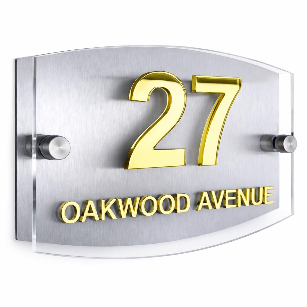 REAL 3D House Numbers Plaques Personalised 3D Door Numbers Street Names Outdoor Signs Customised Dual Layer Plaque (Mirror Gold)