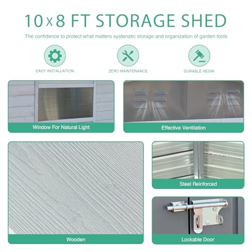 10x8 FT Outdoor Wood Storage Shed, Garden Tool Shed with Windows, Outside Storage Shed Waterproof for Backyard, Garden, Patio, 4 Vents (Without Floor) Gray - Image 4