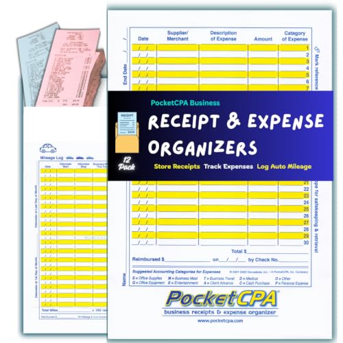 PocketCPA 3-in-1 Receipt Organizer Envelopes with Expense & Mileage Logs | 12-Pack | Organize Receipts, Track Business Expenses & Record Auto Mileage | 9.5' x 6.5' | Made in USA.