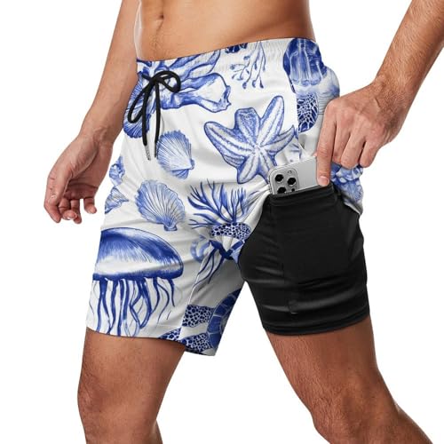 Ocean Turtles Coral Jellyfish Shell Beach Shorts for Men Swim Trunks Quick Dry Swim Shorts with Compression Liner Pocket2