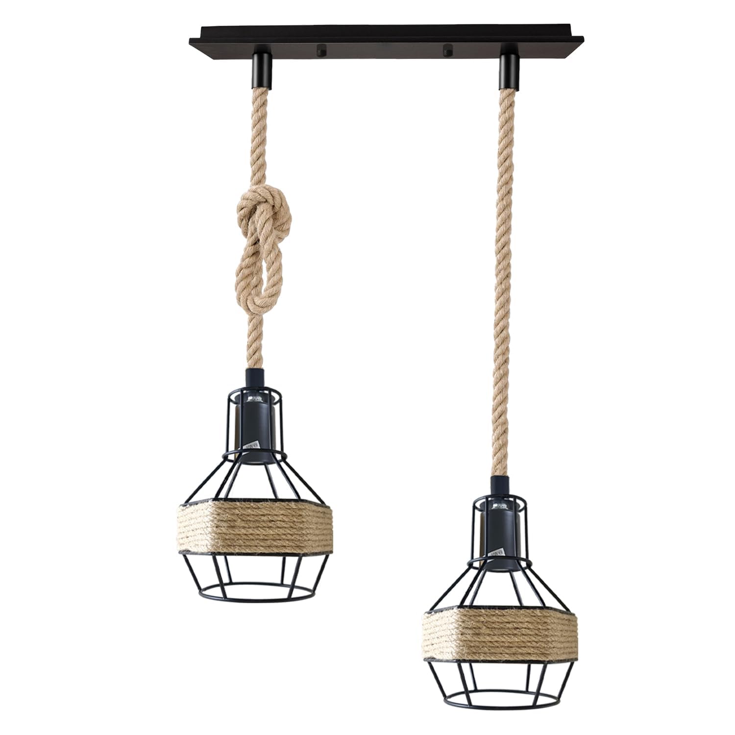 DC VOLTAGE Retro 2 Head Ceiling Pendant Light Metal Hemp Rope Covered Bird Cage Lampshade with Adjustable Cable Rectangle Canopy Lamp for Dining Room Hallway Restaurant Cafe Bedroom Kitchen