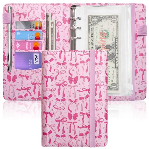 Image of A6 Budget Binder for Money Saving, PU Leather Budget Planner with 8 Cash Envelopes, Budget Sheets & Rose Gold Category Stickers, Money Organizer for Cash (Pink Bow)