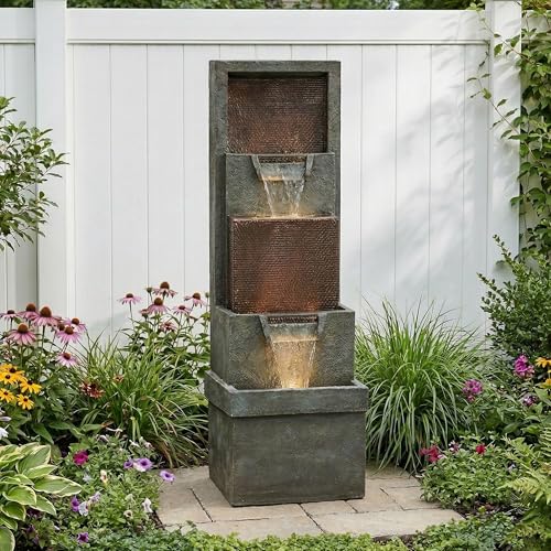 Image of Hamiedun 39.3 inchH Outdoor Garden Waterfall Fountain-Indoor Water Fountain with LED Lights, for Gardens, Landscaping, Patios, Balconies, Office,and Lawns for a Calming Oasis in Outdoor Living Art Decor