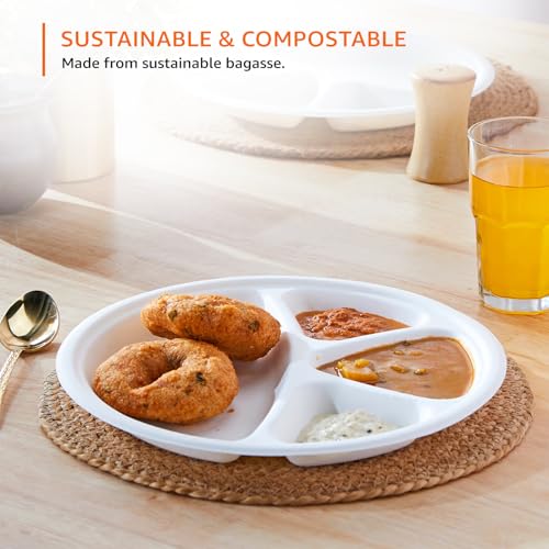 Image of Amazon Basics 4-Compartment Bagasse Disposable Round Plates | 11 Inch - Pack of 50 | Biodegradable | Leak-Resistant | Hot & Cold Food Safe | Eco-Friendly | Party, Weddings, Birthdays, Events
