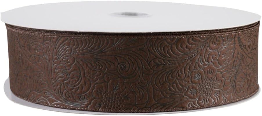 Embossed Flower Brown Weatherproof Fabric Ribbon, 2.5" Wired Ribbon for Wreaths, Bows, Gift Wrapping, and DIY Craft Projects (Brown, 50 Feet)